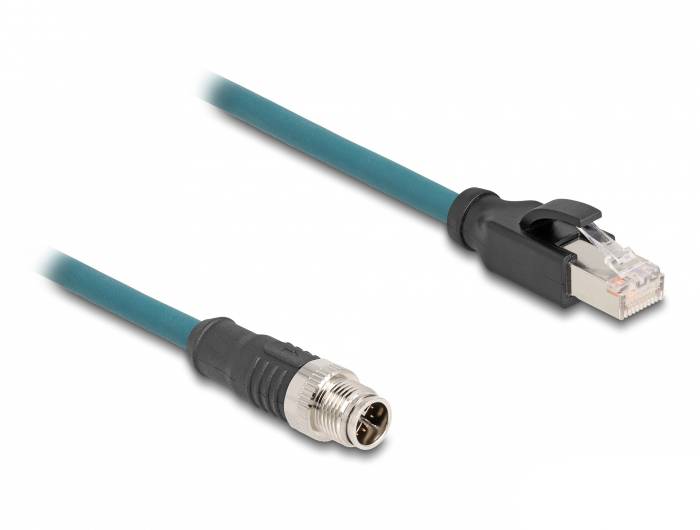 Ein blaues Netzwerkkabel mit einem M12-Stecker auf der einen Seite und einem RJ45-Stecker auf der anderen, geeignet für industrielle Anwendungen.