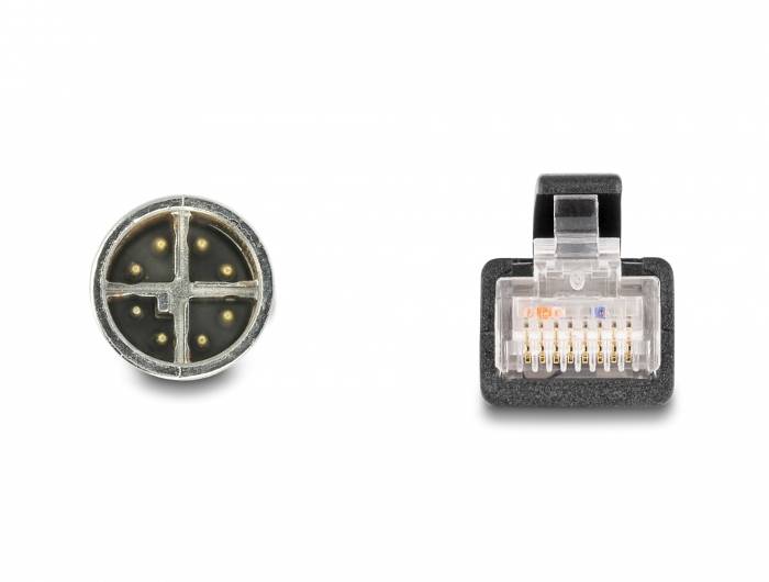 Ein 6-poliger Mini-DIN-Stecker links und ein RJ45-Netzwerkstecker rechts auf weißem Hintergrund.