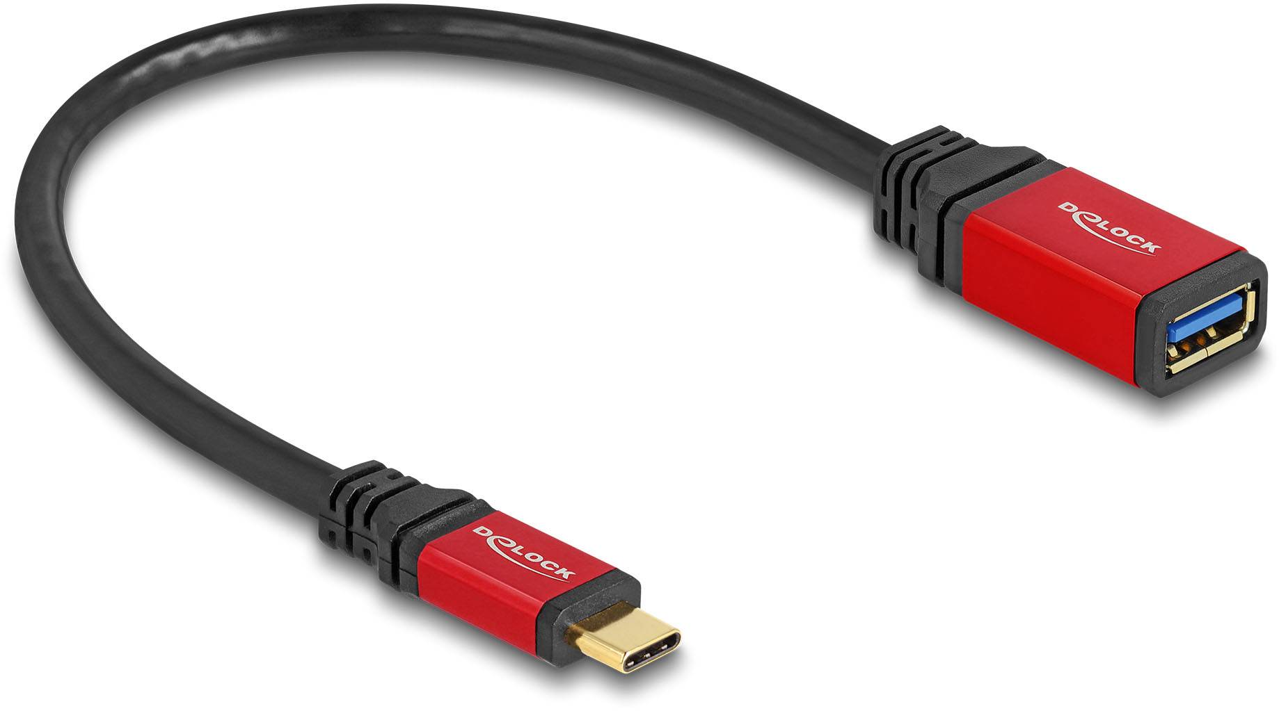 Ein USB-C-auf-USB-A-Adapterkabel mit schwarzem Kabel und roten Anschlüssen.