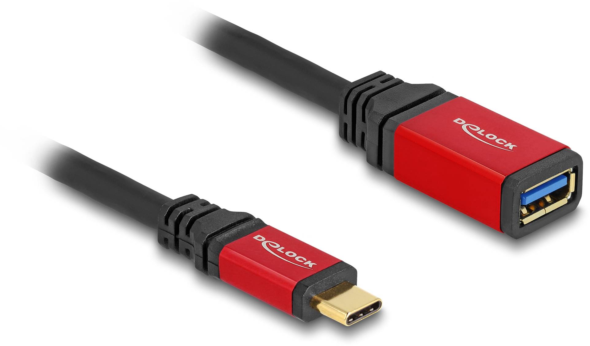 USB-C-auf-USB-A-Adapterkabel, schwarz mit roten Anschlüssen, von der Marke Delock.