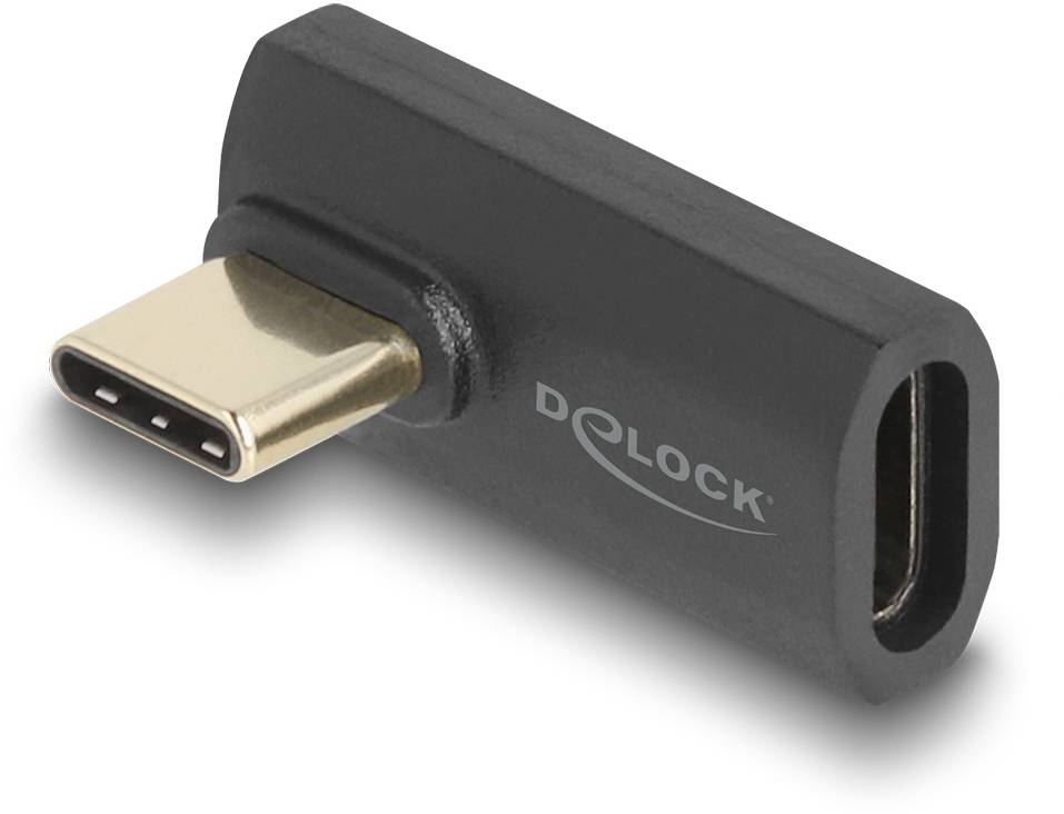 Schwarzer USB-C-Adapter von Delock mit männlichem und weiblichem Anschluss, zum Verbinden von USB-C-Geräten.
