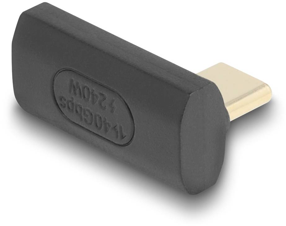 Schwarzer USB-C auf USB-A Adapter mit glattem, rechteckigem Gehäuse und eingeprägter Aufschrift '140Gbps, 240W'.