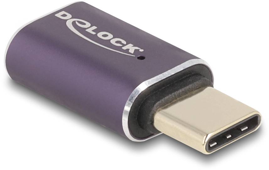 Ein USB-C-Adapter mit lila Gehäuse und silbernen Details, geeignet zum Verbinden von Geräten über USB-C-Anschlüsse.