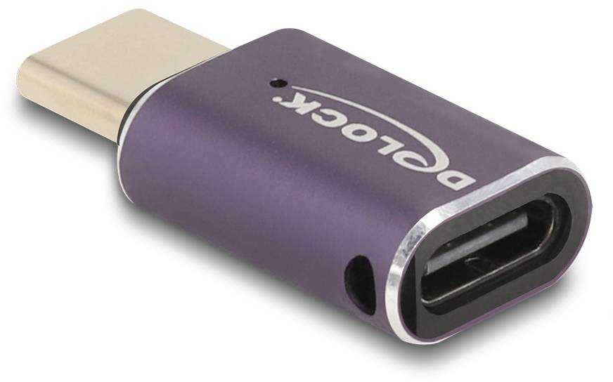 Ein lila USB-C-Adapter mit der Aufschrift 'Delock'.