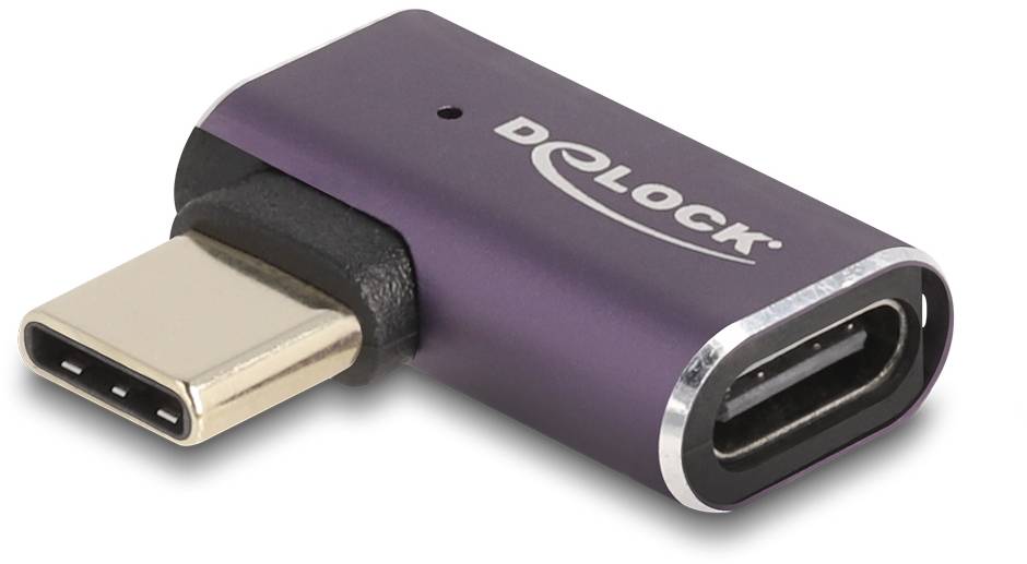 USB-C-Adapter in L-Form mit lila Gehäuse und schwarzem Anschlussbereich. Markenname 'Delock' auf der Oberseite sichtbar.