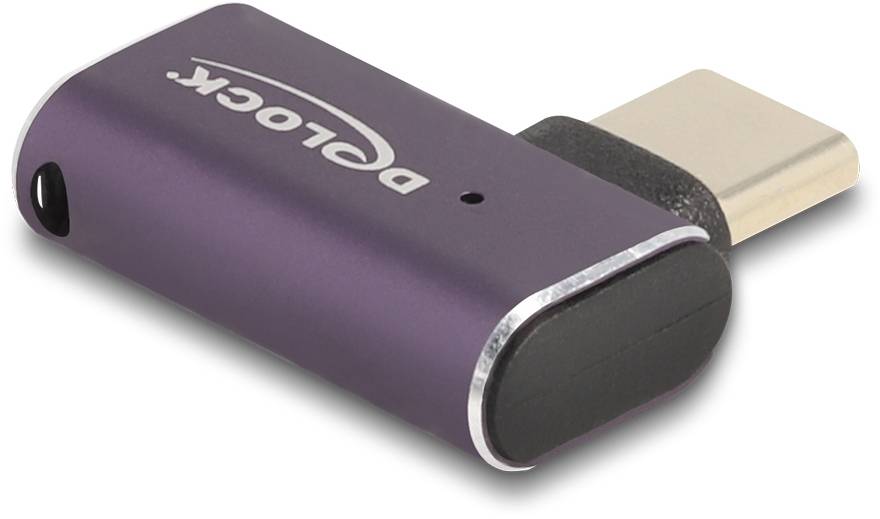 USB-C-Adapter mit lila Gehäuse, seitlicher Markenaufdruck.