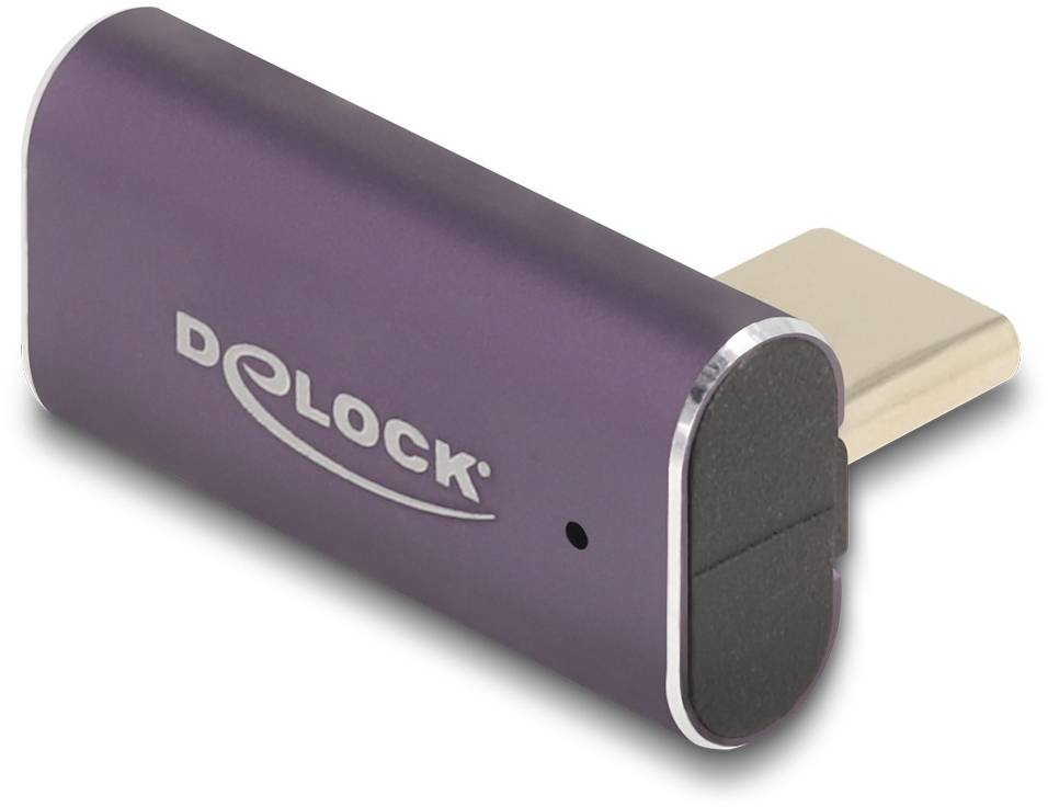USB-C-Adapter in Lila von Delock mit einem schwarzen Stecker, geeignet zum Verbinden von USB-C-Geräten für Datenübertragung.