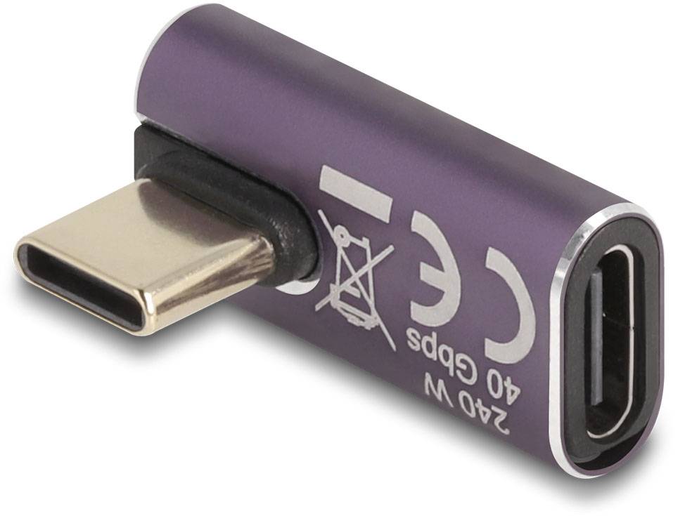 USB-C Adapter, lila. Zeigt CE-Kennzeichnung und Hinweistext; dient zum Anschluss von Geräten über USB-C.