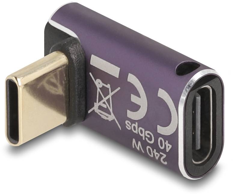 Ein violetter, rechteckiger USB-C-Adapter mit Metallanschlüssen und weißen technischen Markierungen.