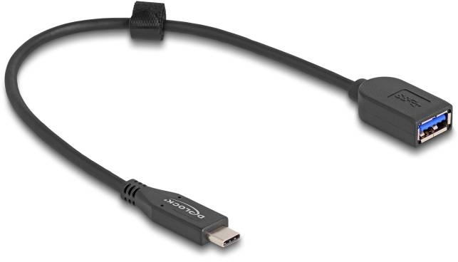 Ein schwarzes USB-C-zu-USB-A-Adapterkabel, das die Verbindung von Geräten mit USB-C-Anschluss zu herkömmlichen USB-Geräten ermöglicht.