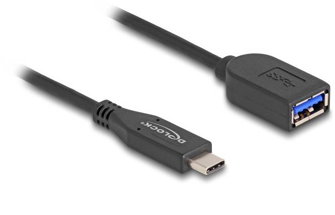 Ein USB-C-Stecker und ein USB-A-Stecker an einem Kabel. Der USB-A-Stecker ist schwarz mit blauem Anschluss, der USB-C-Stecker schmal.