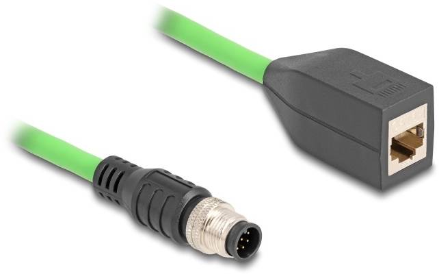 Grünes Ethernet-Kabel mit rechteckigem Stecker auf einer Seite und rundem Metallstecker auf der anderen.