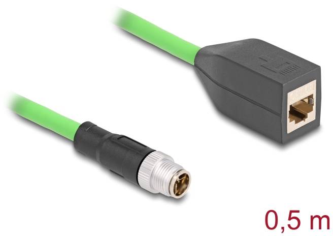 Ein grünes Ethernet-Kabel, 0,5 m lang, mit einem zylindrischen Steckverbinder am einen Ende und einem RJ45-Stecker am anderen Ende.