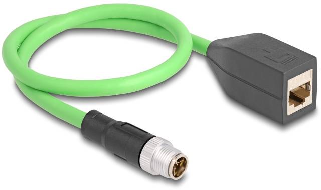 Grünes Ethernet-Kabel, M12 Stecker zu RJ45 Buchse. Zur Verbindung von industriellen Geräten mit Netzwerken geeignet.