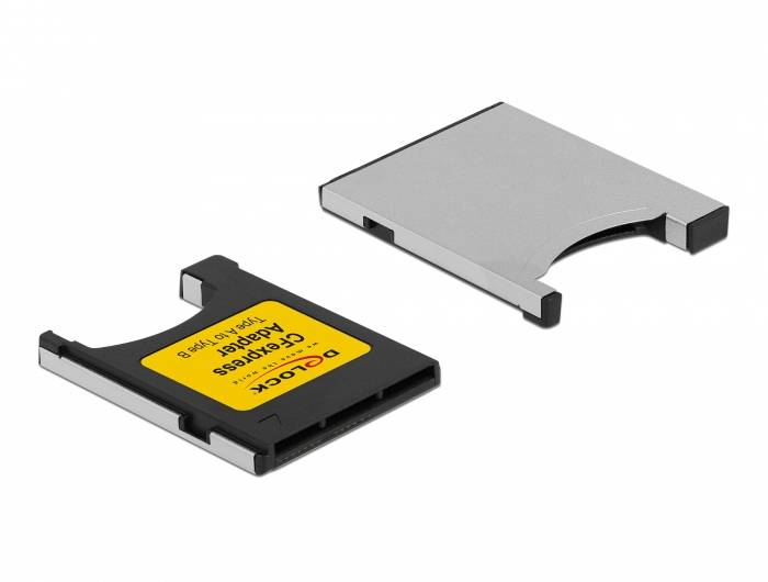 Zwei PCMCIA-Adapter liegen nebeneinander, einer ist geöffnet. Sie sind für CompactFlash-Karten konzipiert und haben ein silbernes Gehäuse.