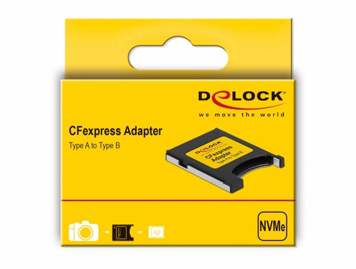 CFexpress Adapter von Delock in gelber Verpackung, Typ A zu Typ B, mit 'NVMe'-Kennzeichnung. Verpackung enthält Kamerasymbol.