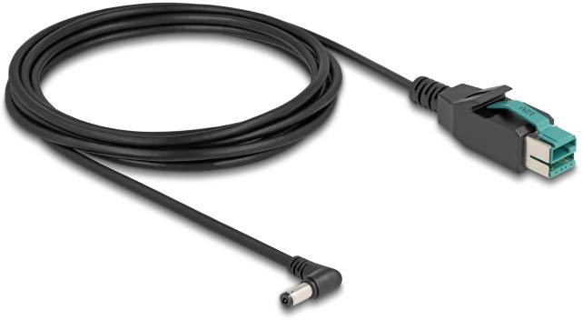 Ein schwarzes Kabel mit zwei unterschiedlichen Steckern: ein rechtwinkliger Rundstecker und ein flacher Stecker mit türkisem Einsatz.