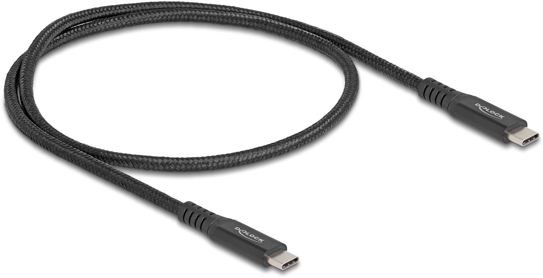 Ein schwarzes, geflochtenes USB-C-auf-USB-C-Kabel, geeignet für Datenübertragung und Aufladen.