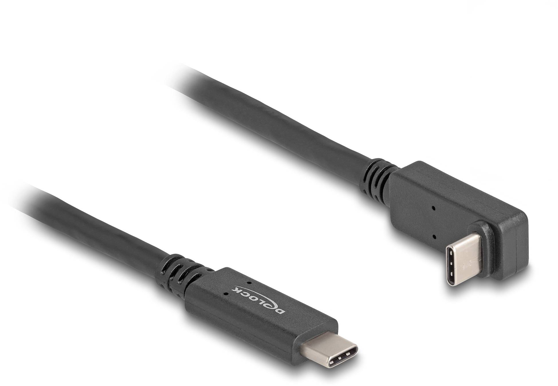 USB-C-Kabel mit einem standardmäßigen geraden Stecker und einem abgewinkelten Stecker, geeignet für platzsparende Anschlüsse.