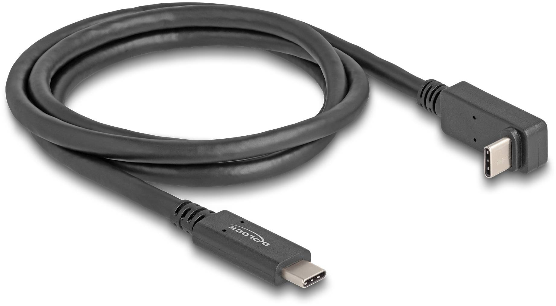 Ein schwarzes USB-C-Kabel mit einem abgewinkelten Stecker auf der einen und einem geraden Stecker auf der anderen Seite.