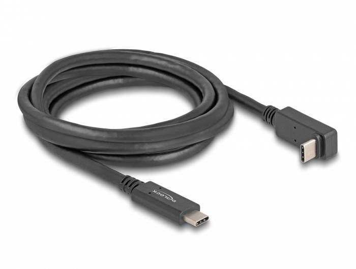 Ein schwarzes USB-C-Kabel mit einem rechten Winkel an einem Ende, aufgerollt und bereit zum Anschluss.