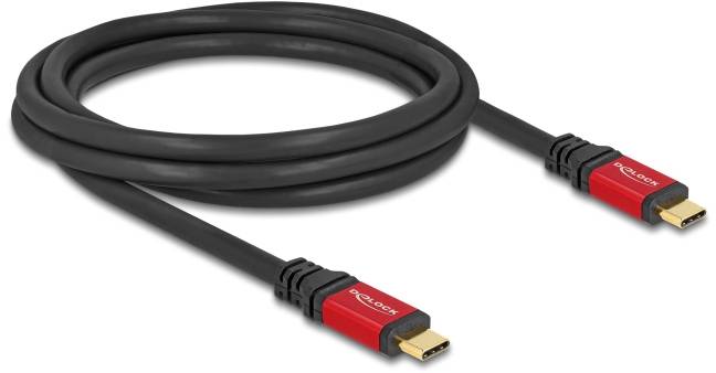 Schwarzes HDMI-Kabel mit zwei roten Steckern.