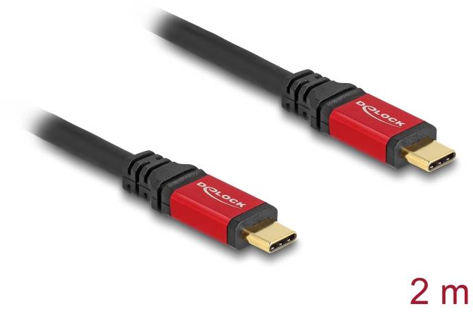 Zwei USB-C-Kabel mit roten Steckern der Marke Delock, Länge 2 Meter.