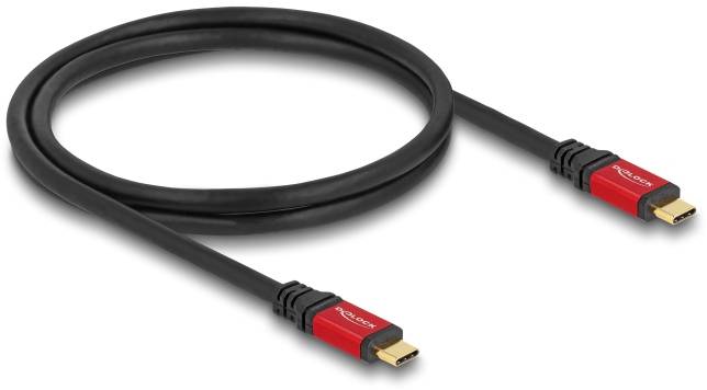 Ein schwarzes HDMI-Kabel mit roten Steckern an beiden Enden, geeignet zum Anschluss von Video- und Audiogeräten.