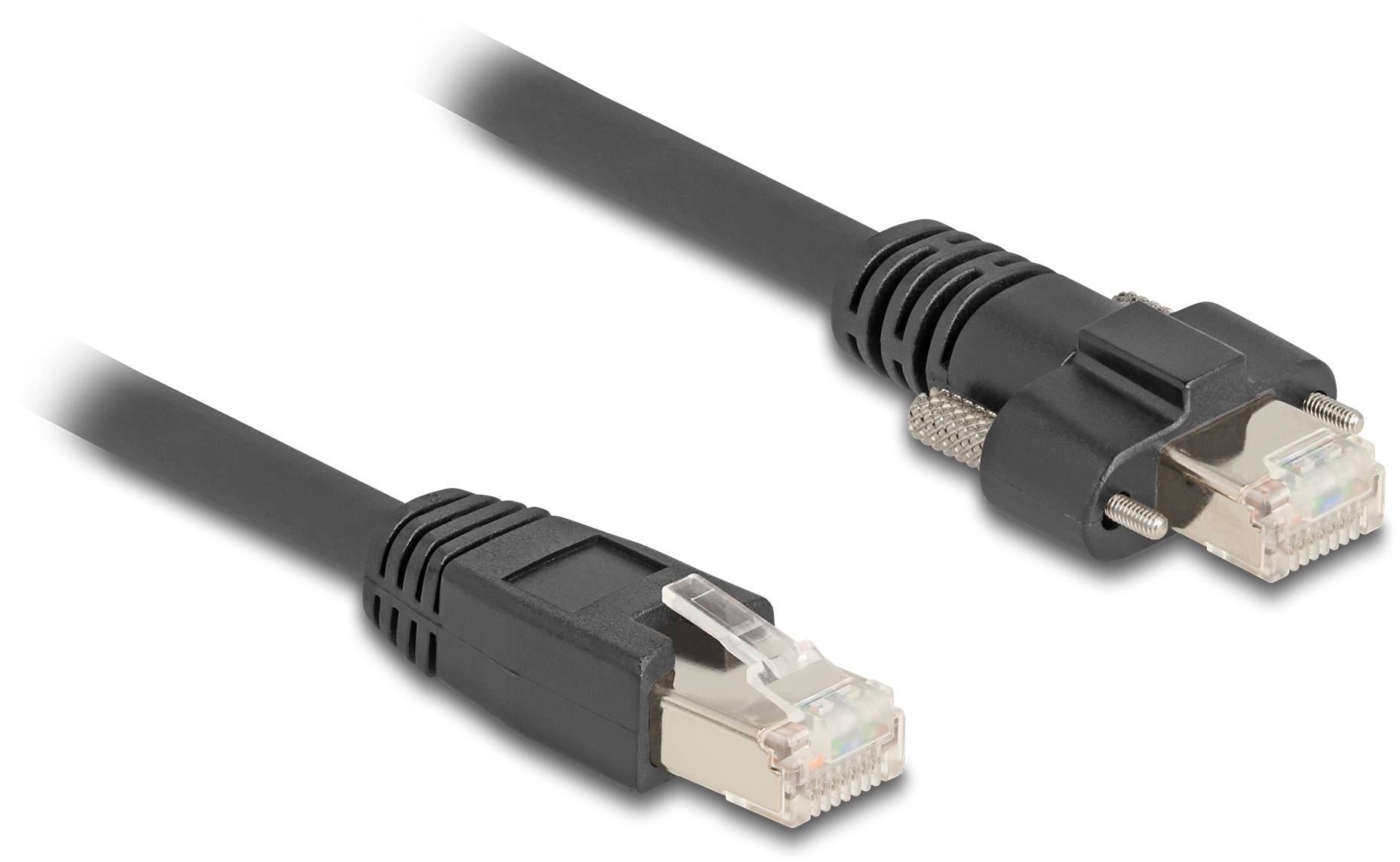 Zwei schwarze Netzwerkkabel mit unterschiedlichen Steckern, die RJ45- und DB9-Anschlüsse zeigen.