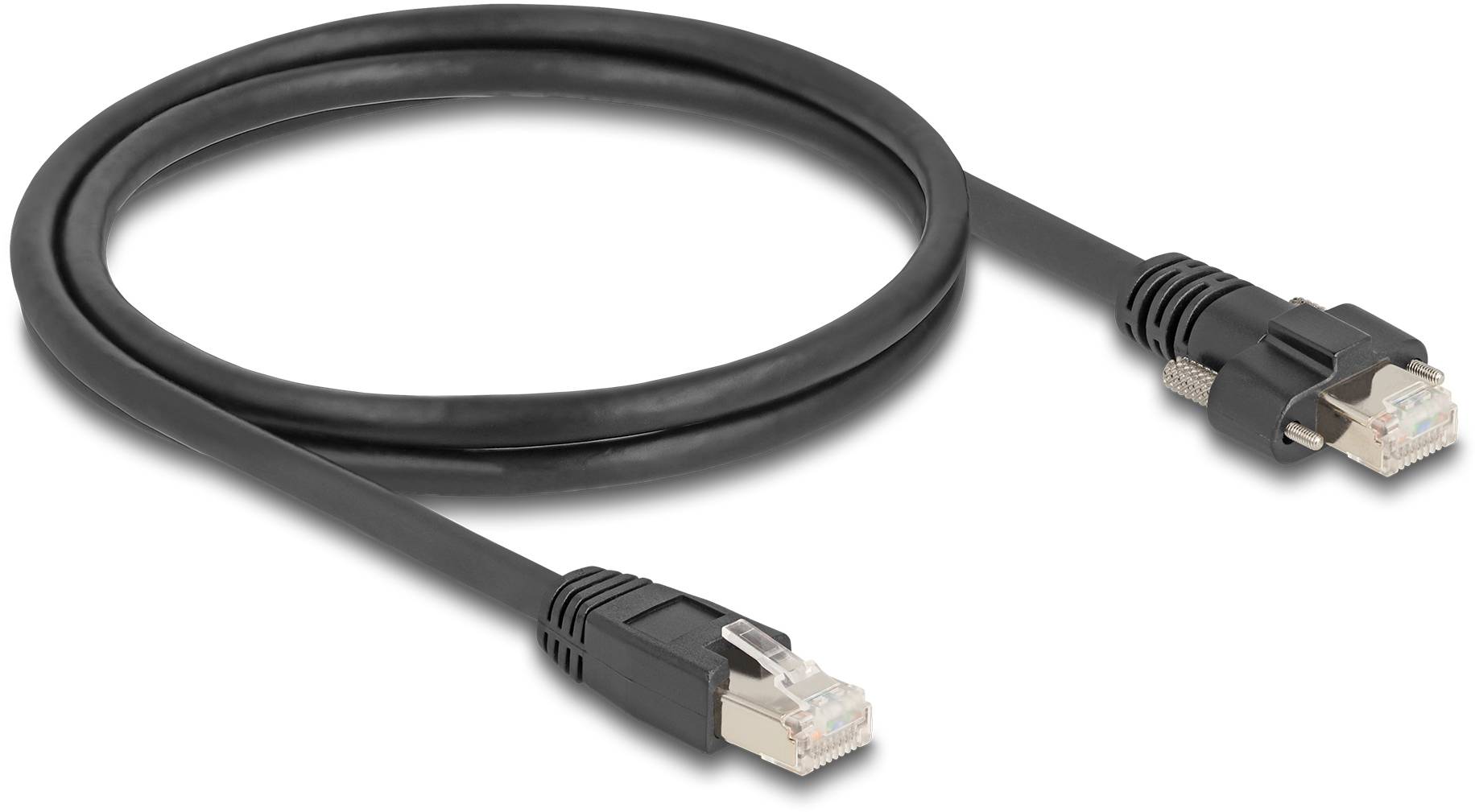 Schwarzes Ethernet-Kabel mit RJ45-Steckern an beiden Enden, geeignet für Netzwerkverbindungen.