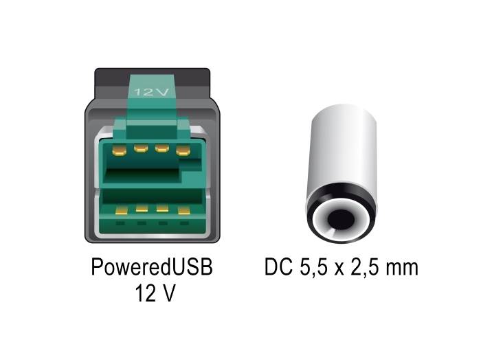 'PoweredUSB 12 V' und 'DC 5,5 x 2,5 mm' Steckverbinder. Links: grüner PoweredUSB Anschluss, rechts: silberner DC Anschluss.