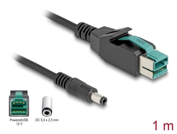 Kabel mit PoweredUSB 12 V und DC 5,5 x 2,5 mm Steckern, Länge 1 Meter.
