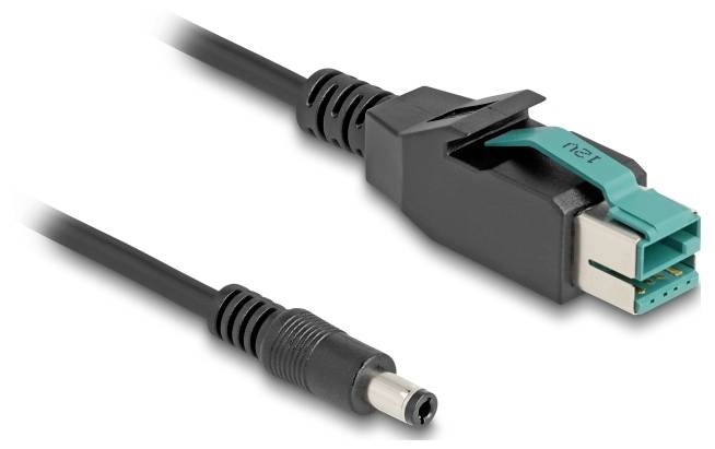 Ein schwarzes Stromkabel mit zwei Enden: links ein runder Stecker, rechts ein rechteckiger, türkisfarbener Steckeranschluss.