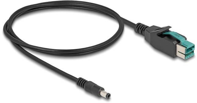 Ein schwarzes Daten- und Stromkabel mit einem rechteckigen Stecker auf der einen Seite und einem runden Stecker auf der anderen Seite.