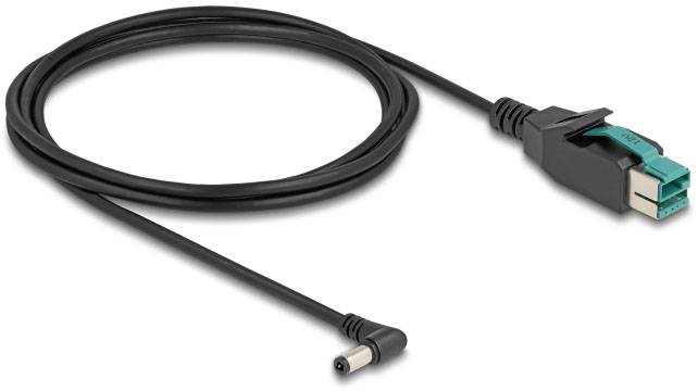 Ein langes, schwarzes Verbindungskabel mit einem rechteckigen und einem runden Stecker, geeignet für elektronische Geräte.