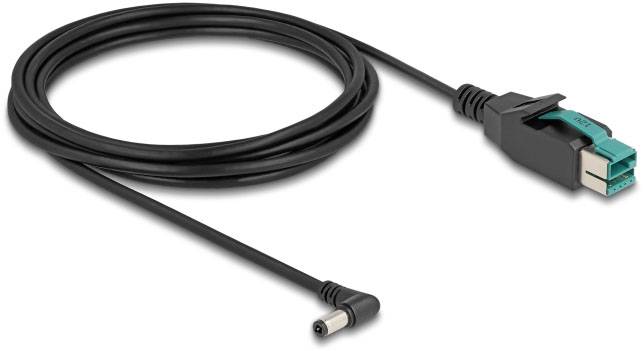 Ein schwarzes Datenkabel mit einem rechtwinkligen Stecker und einem blauen Clip auf der anderen Seite. Ideal für elektronische Verbindungen.