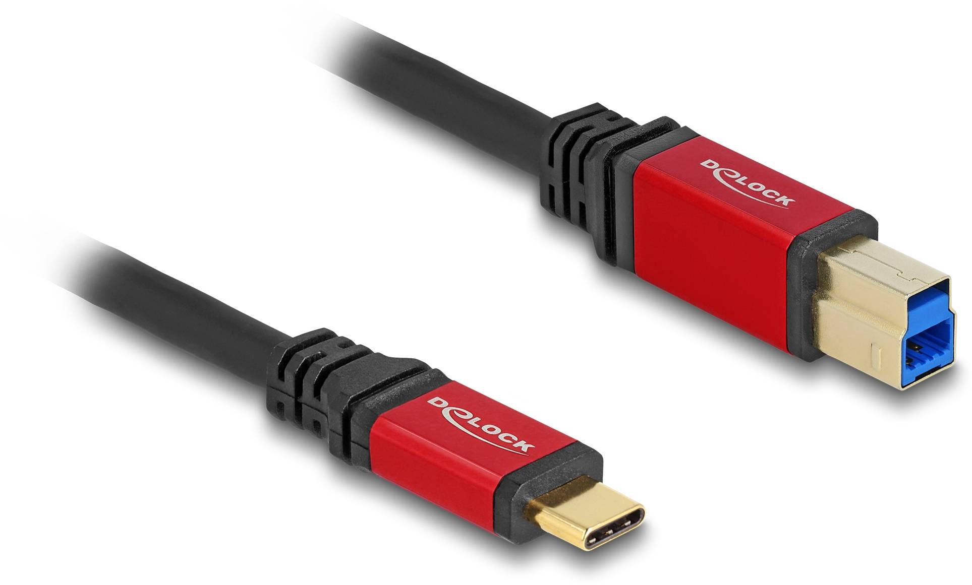 Zwei verschiedene Datenkabel mit roten Steckverbindern von DeLock. Eines hat einen USB-C-Anschluss, das andere einen USB-A-Anschluss.