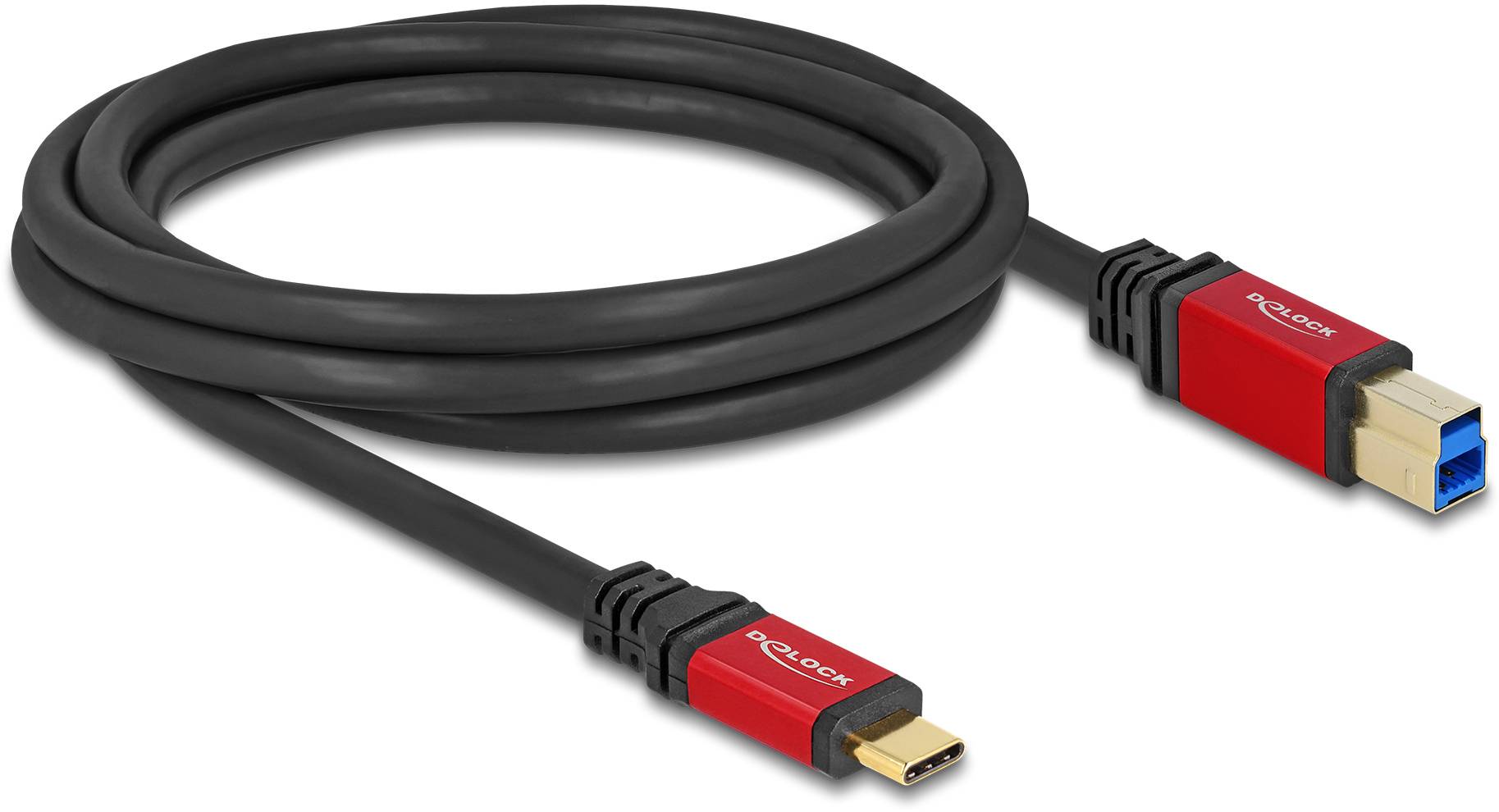 Ein schwarzes Kabel mit einem USB-C-Anschluss auf der einen Seite und einem USB-B-Anschluss auf der anderen Seite, beide rot ummantelt.