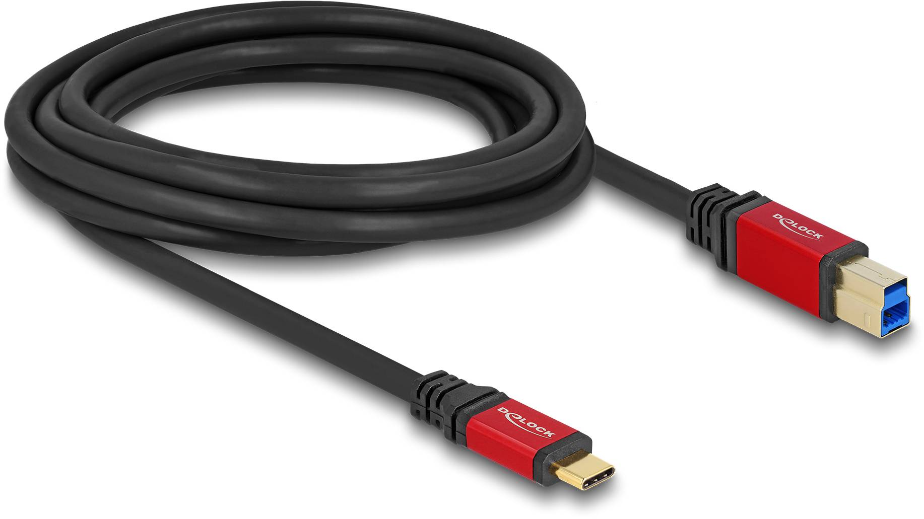Ein schwarzes USB-Kabel mit roten Anschlüssen, einem USB-C-Stecker auf der einen und einem USB-A-Stecker auf der anderen Seite.