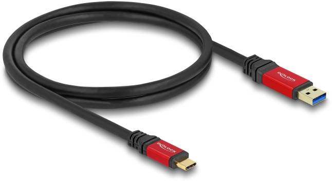 USB-Kabel mit einem roten und schwarzen Design, zeigt einen Standard-USB-Stecker und einen Micro-USB-Anschluss.