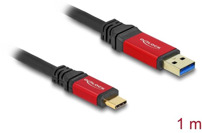 Ein rotes USB-Kabel mit einem USB-A-Stecker auf der einen Seite und einem USB-C-Stecker auf der anderen, Länge: 1 m.