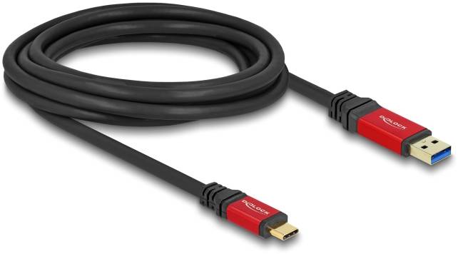 Schwarzes USB-Kabel mit roten Steckern, links ein Micro-USB und rechts ein Typ-A-USB-Stecker, zur Datenübertragung und Stromversorgung.