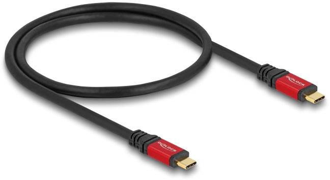 Ein schwarzes, rundes HDMI-Kabel mit roten Steckverbindern an beiden Enden, auf einem weißen Hintergrund dargestellt.