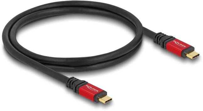 Schwarzes HDMI-Kabel mit roten Anschlüssen, geeignet für Video- und Audioübertragungen, abgebildet auf weißem Hintergrund.