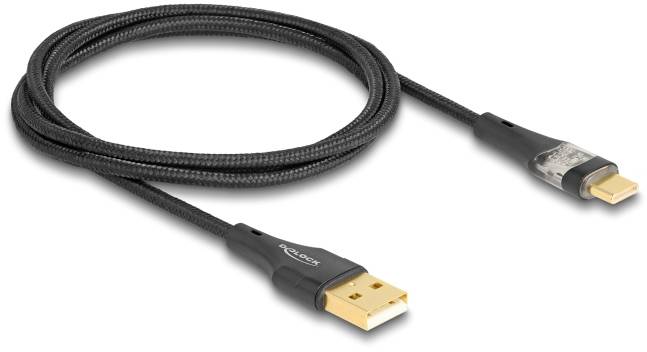 Schwarzes USB-Kabel mit goldfarbenen Anschlüssen, links USB-A, rechts USB-C. Robustes Design, geeignet für Datenübertragung und Laden.
