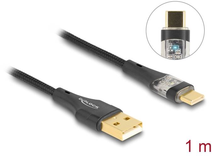 Ein USB-Kabel, 1 Meter lang, mit USB-A- und USB-C-Steckern, geeignet für Datenübertragung und Laden. Markenname: Delock.
