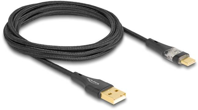 Schwarzes USB-Kabel mit gewebtem Mantel und goldenen Anschlüssen, geeignet zum Laden und Übertragen von Daten.