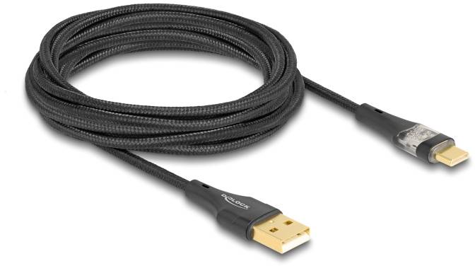 Ein schwarzes, geflochtenes USB-Kabel mit goldenen Anschlüssen, geeignet zum Laden oder Datenübertragung für Geräte mit Micro-USB-Anschluss.
