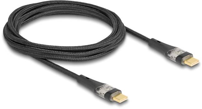 Ein schwarzes, geflochtenes HDMI-Kabel mit vergoldeten Anschlüssen, das für hochauflösende Audio- und Videoübertragung verwendet wird.