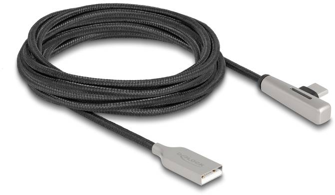 Langes, geflochtenes USB-Kabel mit einem grauen Gehäuse an beiden Enden, geeignet für das Anschließen von Geräten oder Aufladen.